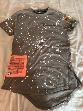 Yeezy Short Sleeve Paint-Splatter Tee in Olive with White & Neon Orange Accents